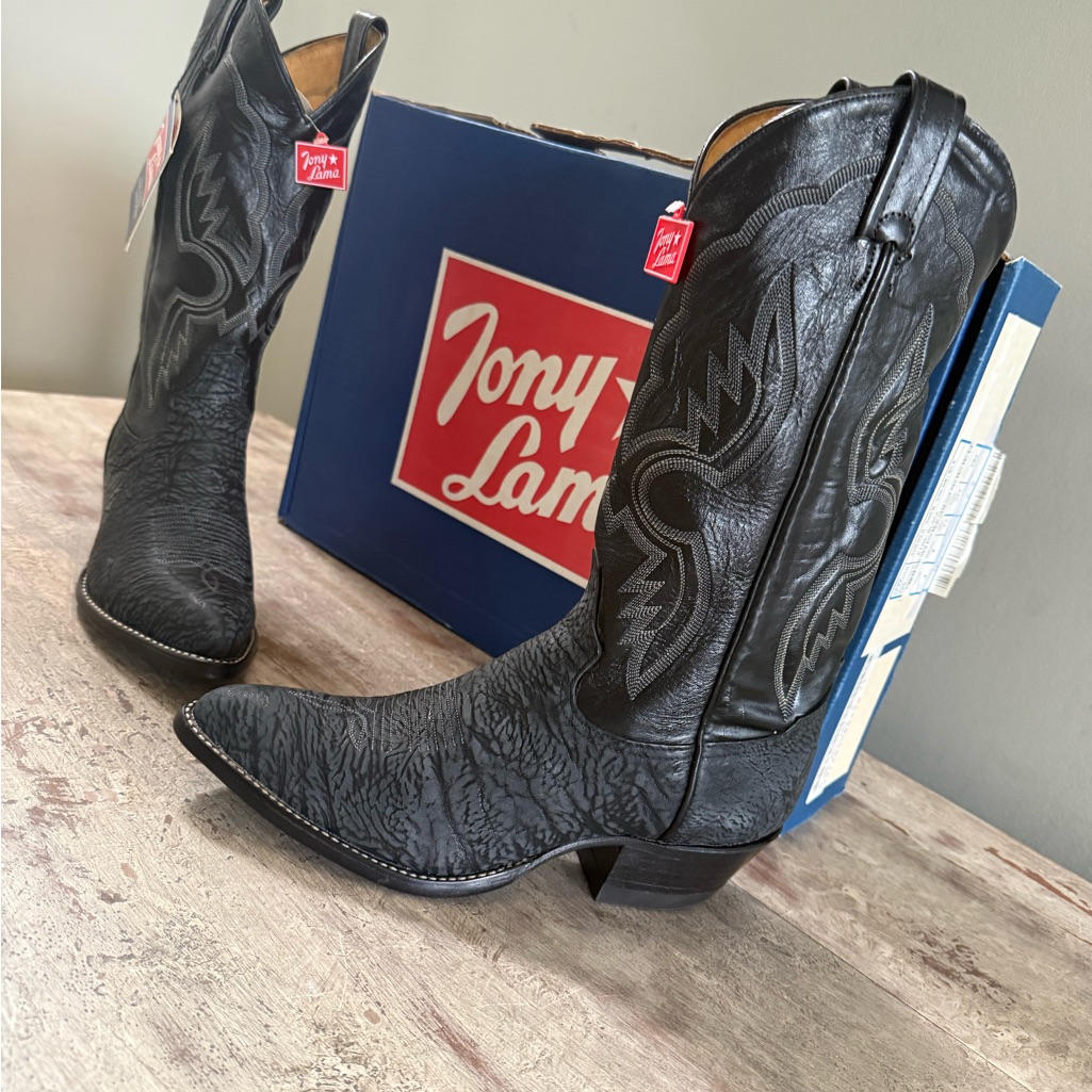 Tony Lama Black Embossed Leather Western Boots Size 7